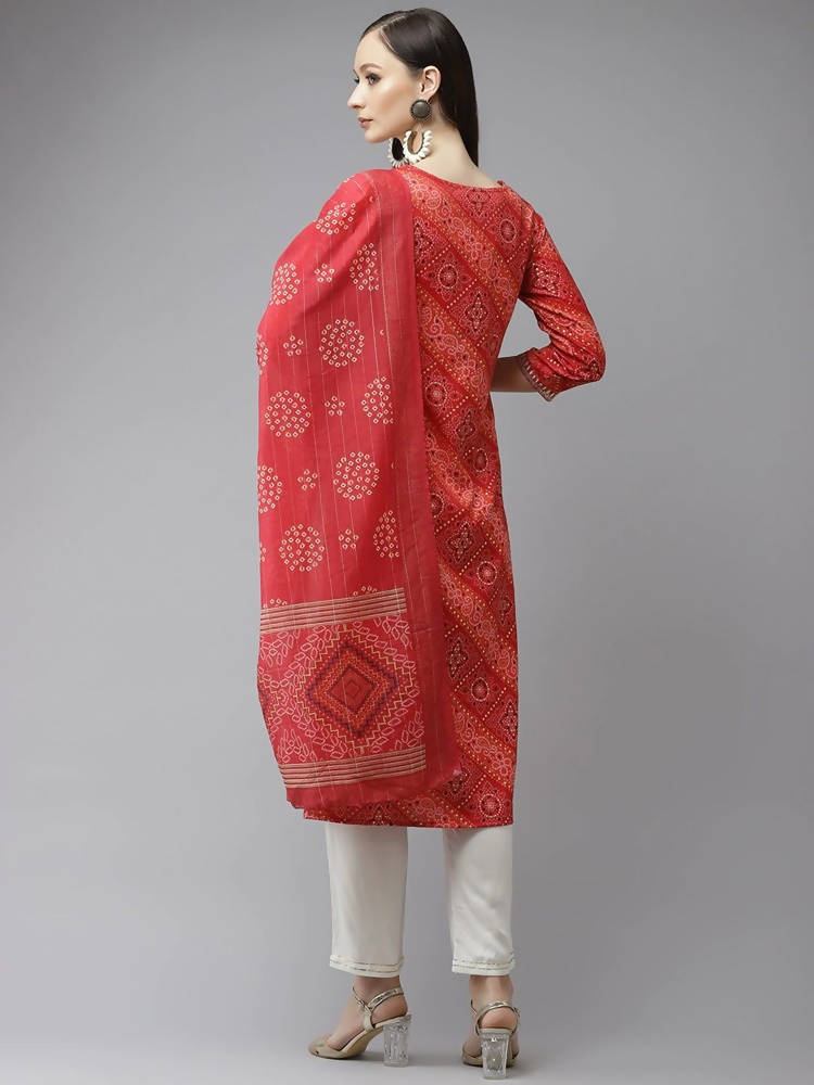 Yufta Women Red Bandhani Printed Regular Gotta Patti Kurta with Palazzo & With Dupatta | Grab2Buy