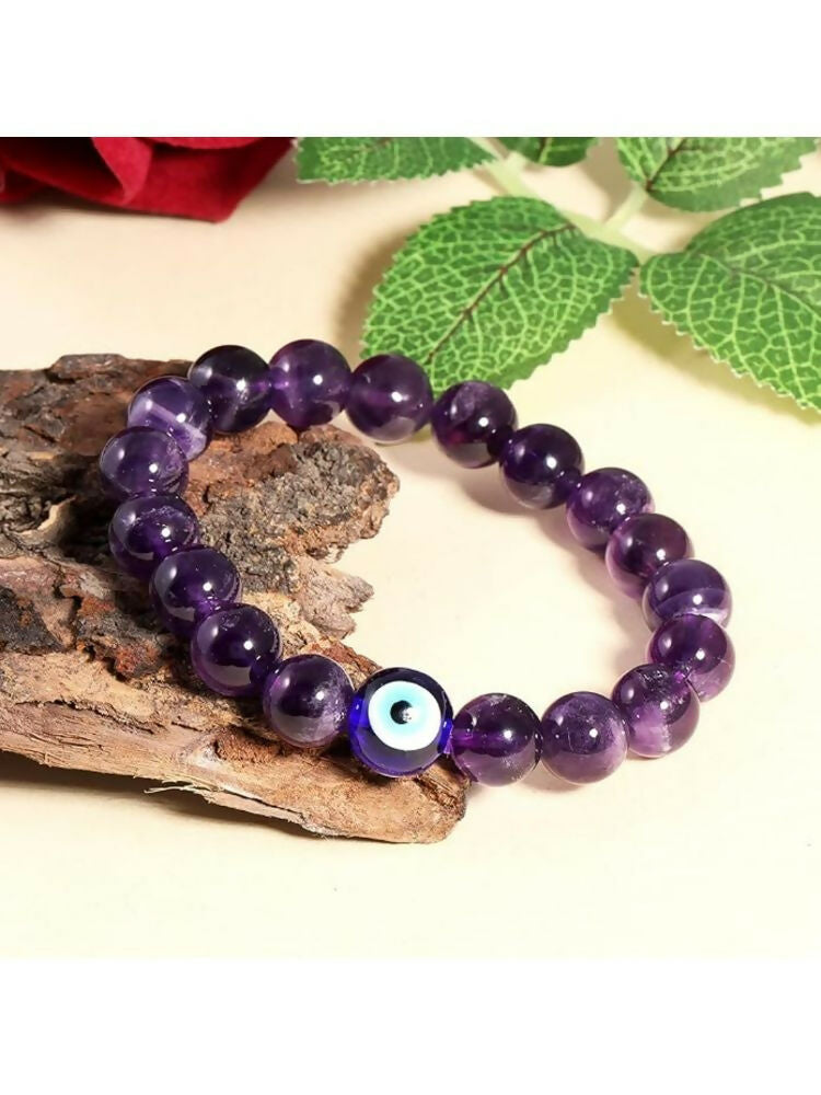 NVR Natural Amethyst Evil Eye Beaded Handmade Stretch Bracelet | Grab2Buy
