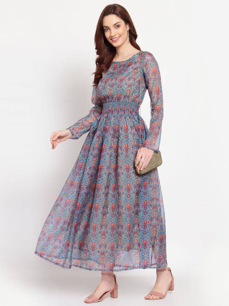 Myshka Women's Multi Printed Organza Full Sleeve Round Neck Casual Maxi Dress | Grab2Buy