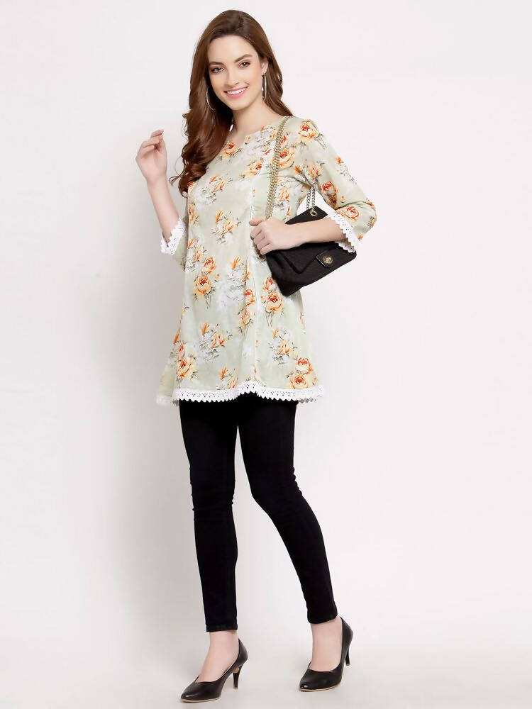 Myshka Women's Off White Cotton 3/4 Sleeve Round Neck Printed Casual Tunic | Grab2Buy