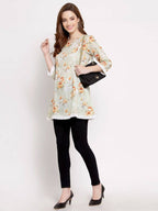 Myshka Women's Off White Cotton 3/4 Sleeve Round Neck Printed Casual Tunic | Grab2Buy