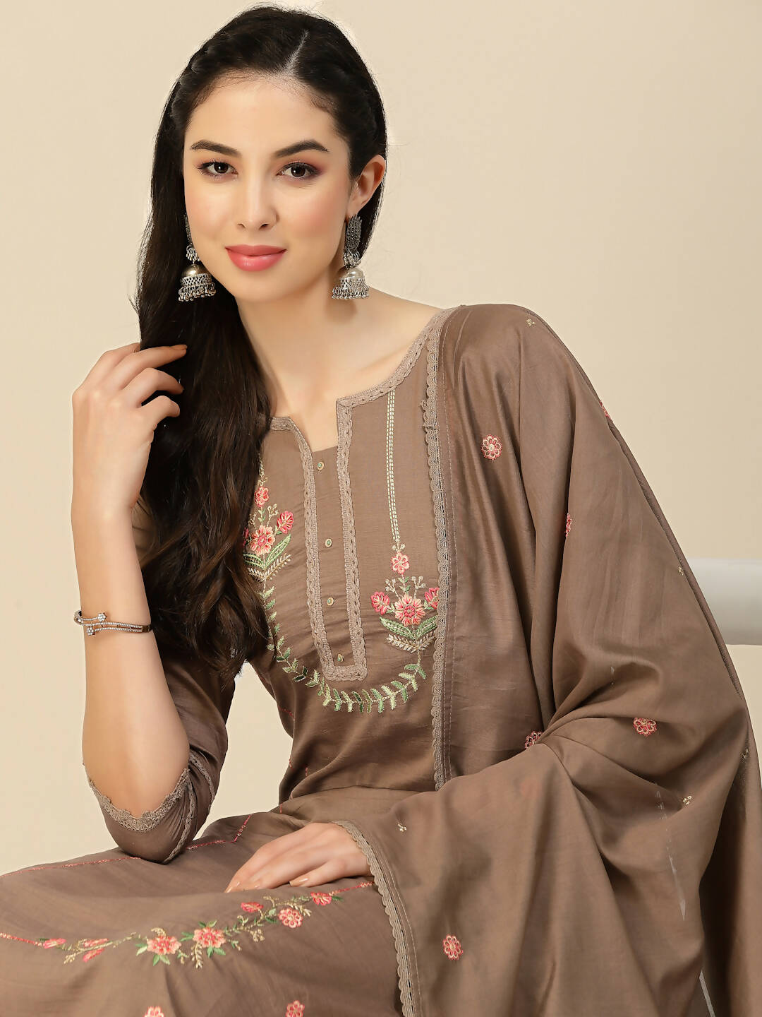 Brown Embroidered Chinon Straight Kurta With Trouser & Dupatta - Salimar | Grab2Buy