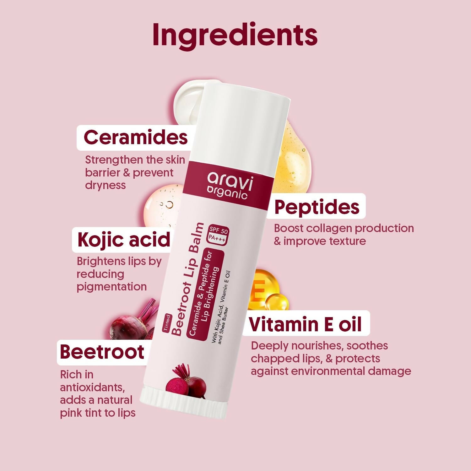 Aravi Organic Beetroot Tinted Lip Balm For Lip Brightening With SPF 50 PA+++ - Kojic Acid & Peptide | Grab2Buy
