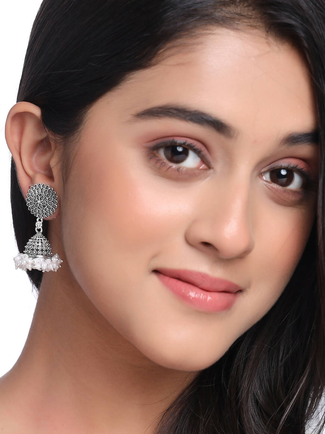NVR Women Silver Toned Dome Shaped Jhumkas Earrings | Grab2Buy