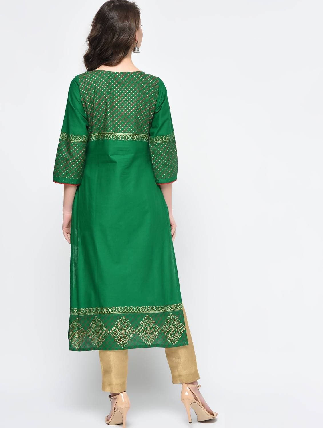 Cheera Hand Block Print Green Color Straight Kurta | Grab2Buy