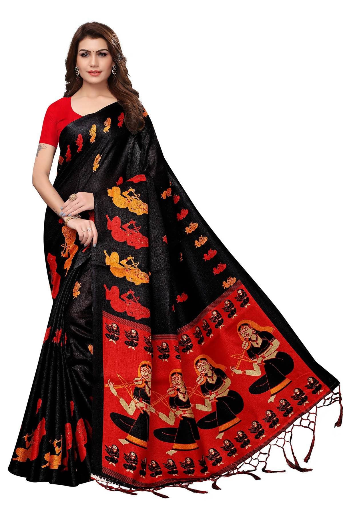Vamika Black & Red Kalamkari With Jhalar Khadi Silk Saree | Grab2Buy