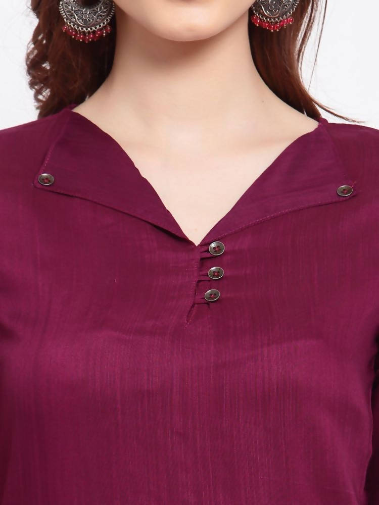 Myshka Women's Burgandy Solid Cotton Half Sleeve V Neck Casual Kurta Pant Dupatta Set | Grab2Buy