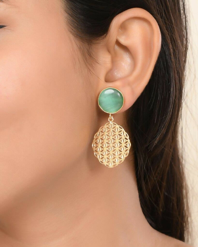 VOJ One Gram Gold-Polished Teal Colored Stone Studded Earrings | Grab2Buy
