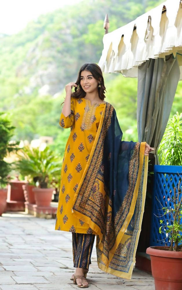 Yufta Women Mustard Yellow & Navy Blue Printed Kurta with Trouser and Dupatta | Grab2Buy