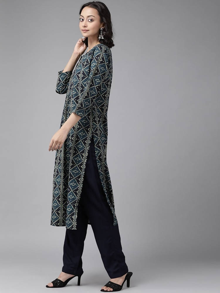 Yufta Teal Blue & Black Printed Pure Cotton Kurta with Palazzo | Grab2Buy