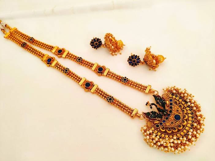 Blue Kemp Peacock Long Necklace Set | Grab2Buy