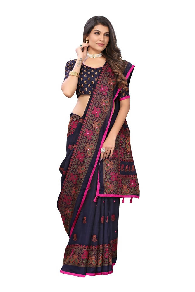 Vamika Blue Color Jute Silk Mirror Work Saree | Grab2Buy