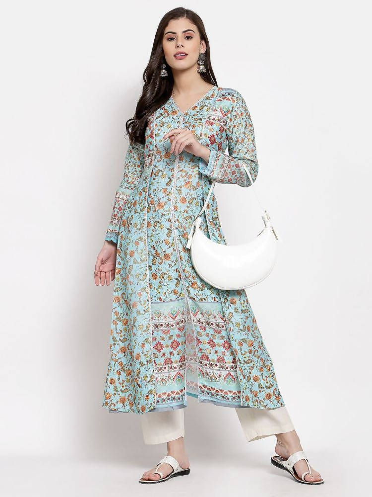 Myshka Women's Multi Cotton Printed Full Sleeve V Neck Casual Kurta | Grab2Buy