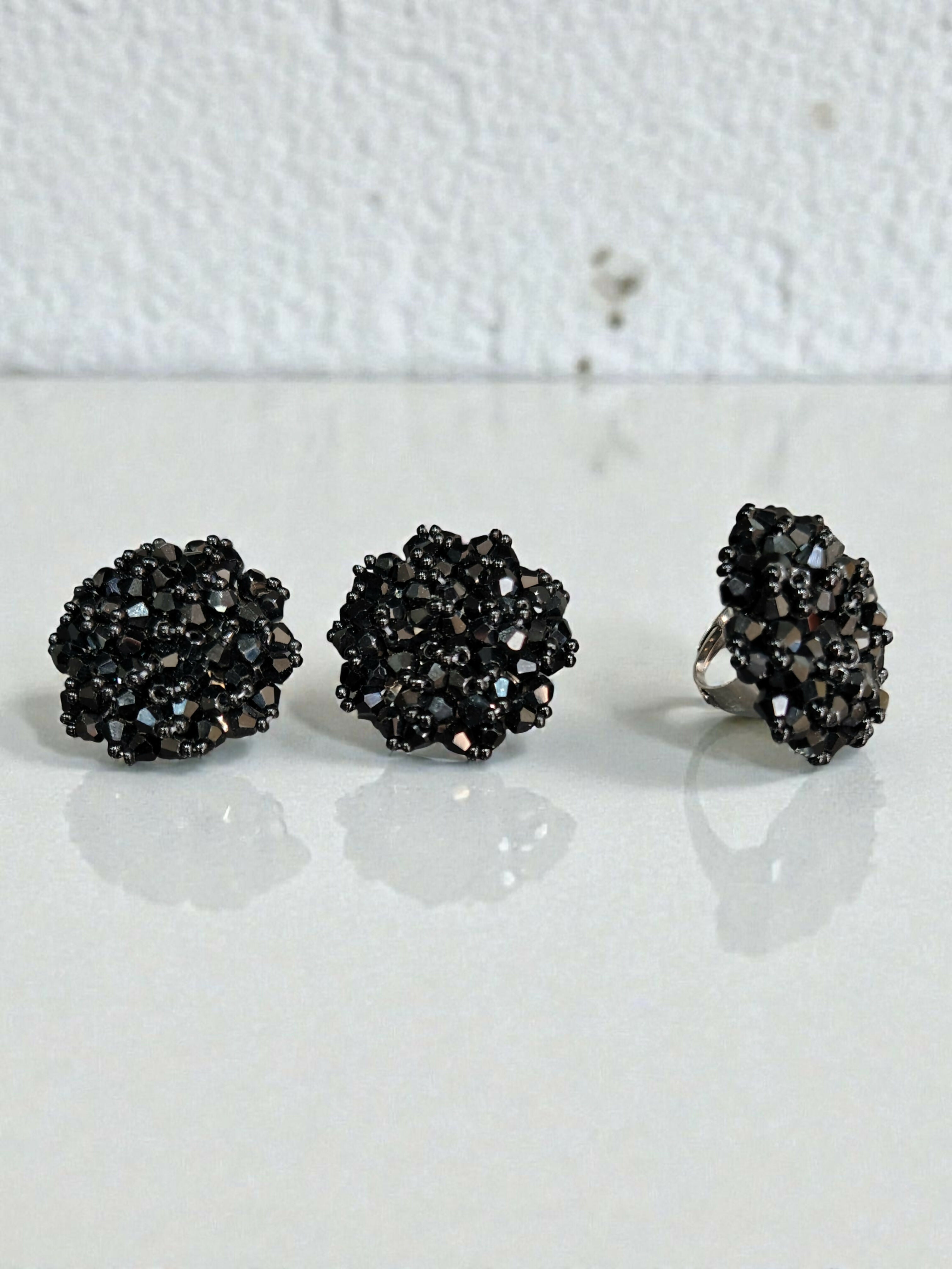 Inhanns Rangmani Crystal Duo – Adjustable Ring + Statement Earrings Set - Black | Grab2Buy