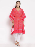 Myshka Women's Pink Cotton Printed 3/4 Sleeve V Neck Casual Kaftan | Grab2Buy