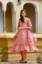 Yufta Women's Pink Tiered Embroidered Kurta with Trouser and Dupatta | Grab2Buy
