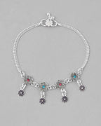 VOJ Set of 2 Silver Plated Flower Shaped Meenakari Anklet