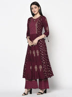 Aniyah Rayon Wine Color Block Print Anarkali Palazzo Set (AN-171K) | Grab2Buy