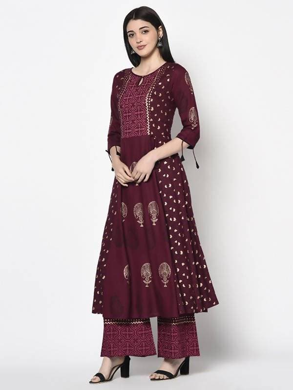 Aniyah Rayon Wine Color Block Print Anarkali Palazzo Set (AN-171K) | Grab2Buy