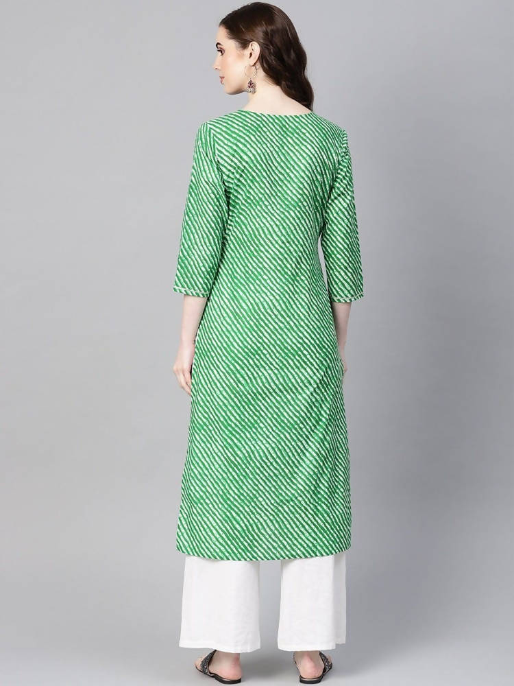 Yufta Women Green & Off-White Leheriya Dyed Straight Kurta | Grab2Buy