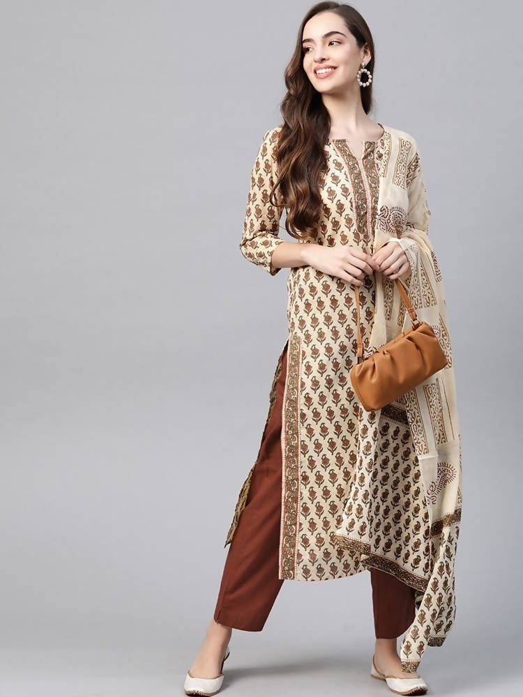 Yufta Women Beige Ethnic Motifs Printed Pure Cotton Kurta with Trouser & Dupatta | Grab2Buy