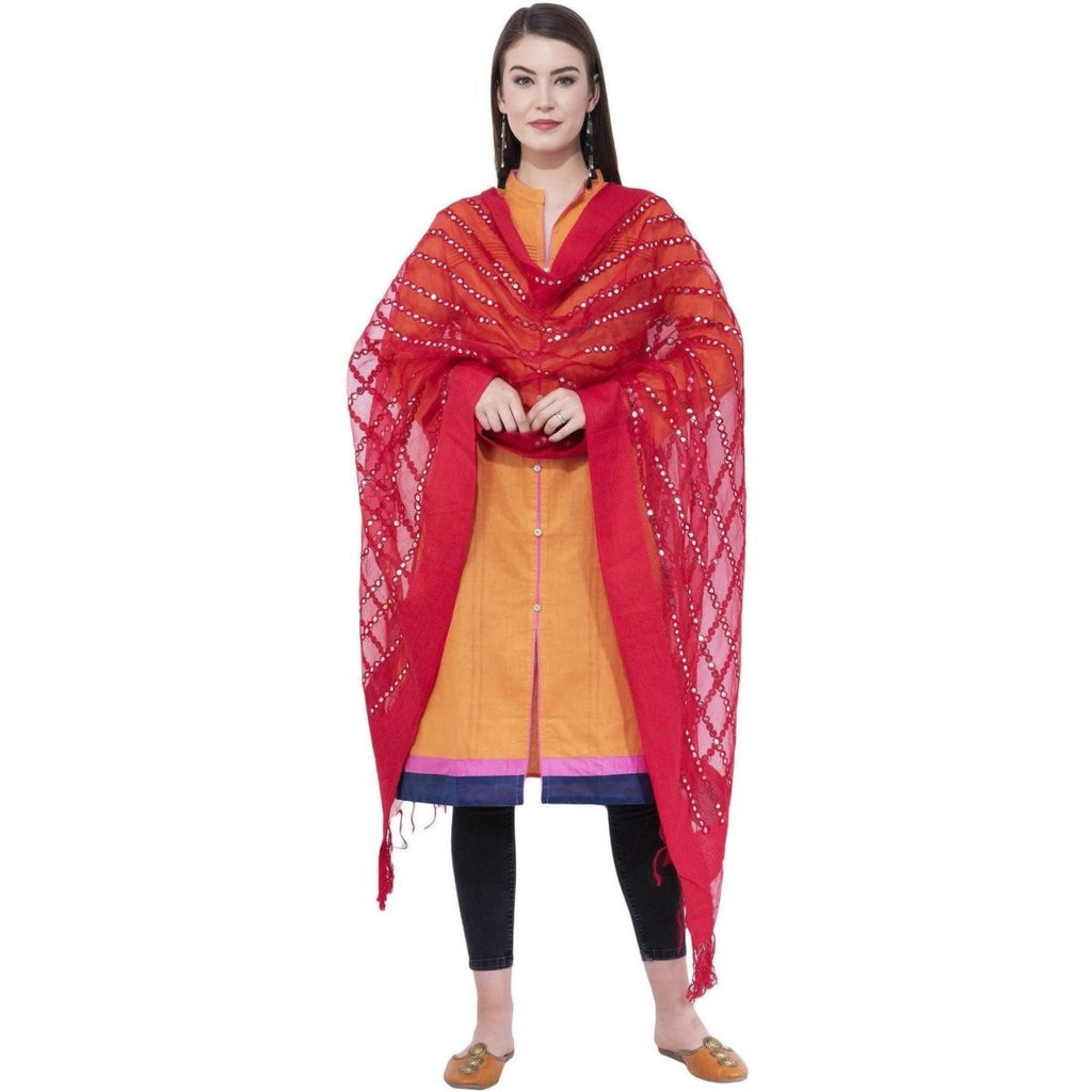 A R Silk Women's Heavy Mirror Work Orgenza Cotton Red Dupatta | Grab2Buy