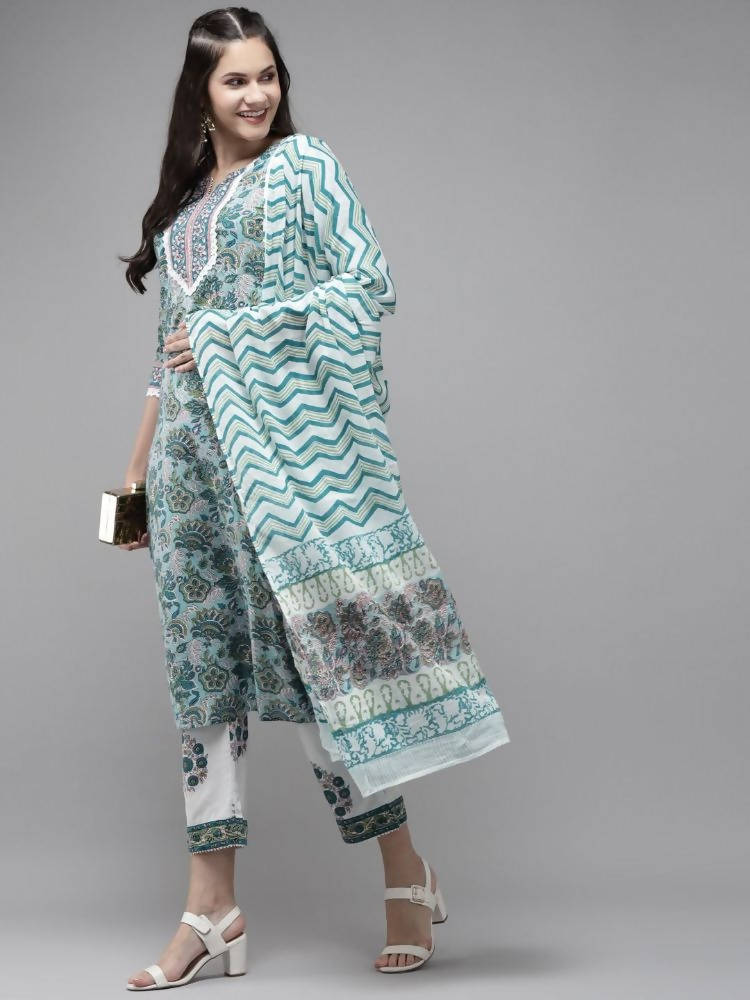 Yufta Green Hand Block Printed Kurta with Trouser and Dupatta | Grab2Buy