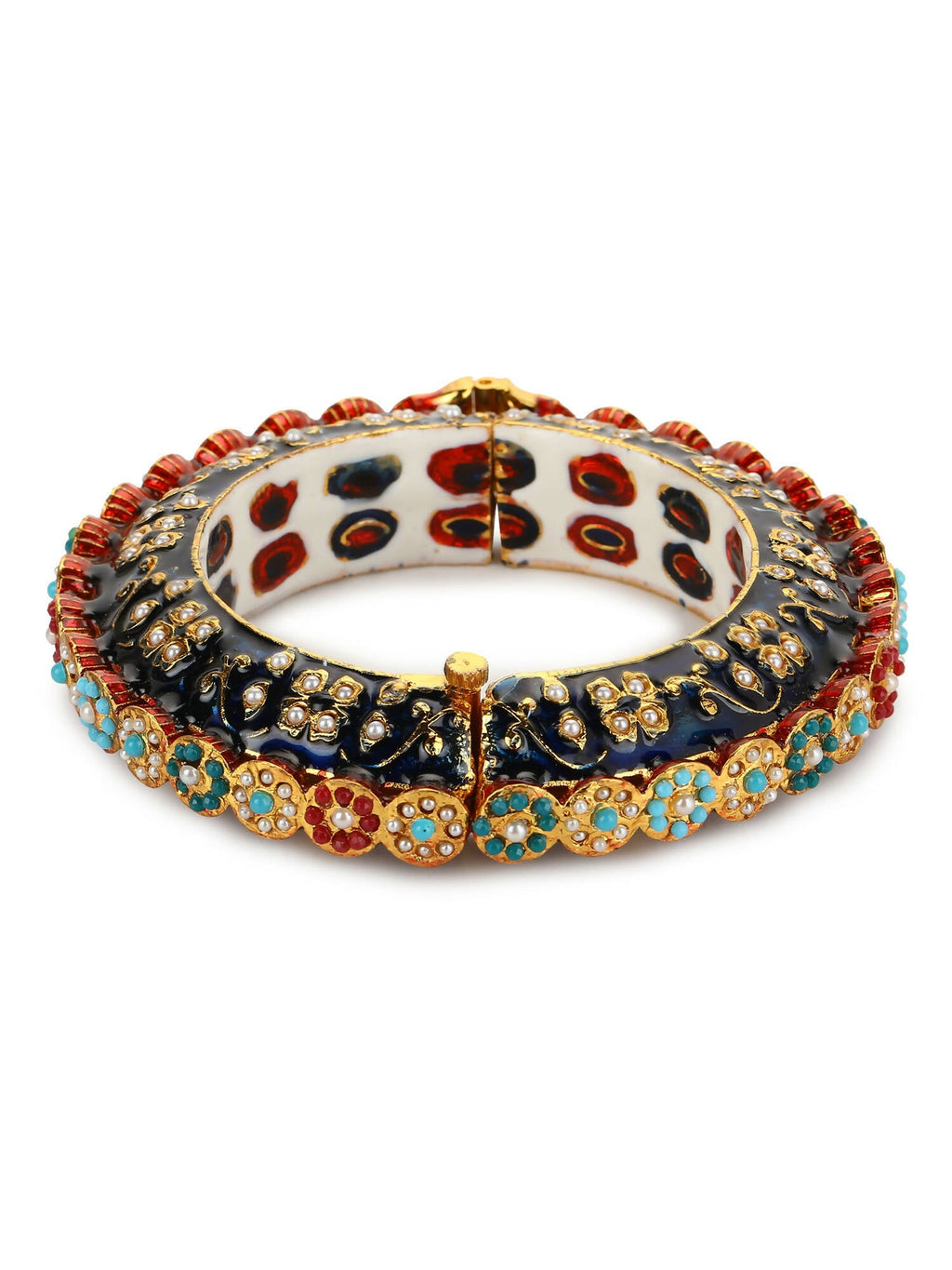 Gold-Polished Blue White Kundan Studded Pearls Beaded Bangle - Ruby Raang | Grab2Buy