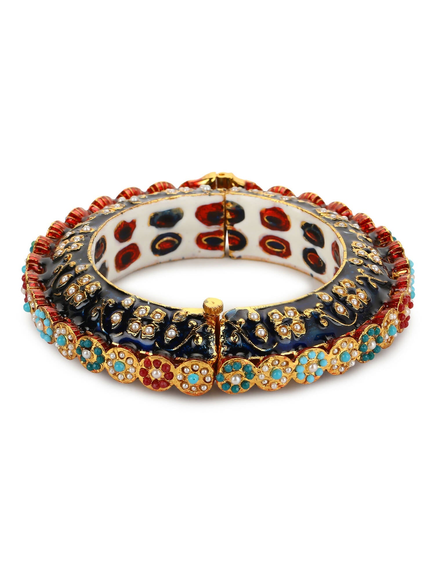 Gold-Polished Blue White Kundan Studded Pearls Beaded Bangle - Ruby Raang | Grab2Buy