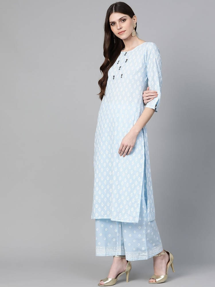 Yufta Women Blue & White Printed Kurta with Palazzo & Dupatta | Grab2Buy