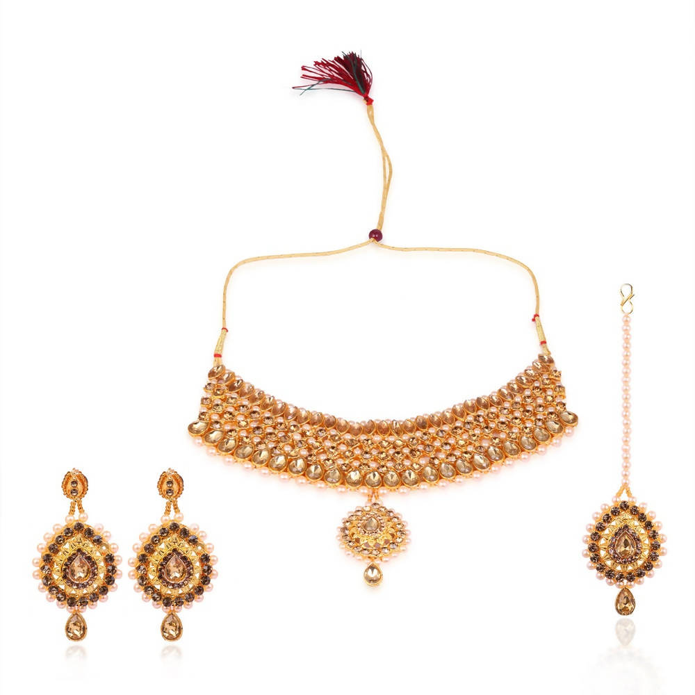 Tehzeeb Creations Stone And Pearl Studded Necklace With Earrings And Tikka | Grab2Buy