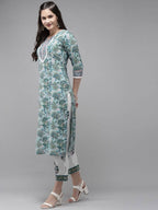 Yufta Green Hand Block Printed Kurta with Trouser and Dupatta | Grab2Buy