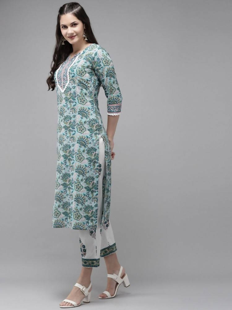 Yufta Green Hand Block Printed Kurta with Trouser and Dupatta | Grab2Buy