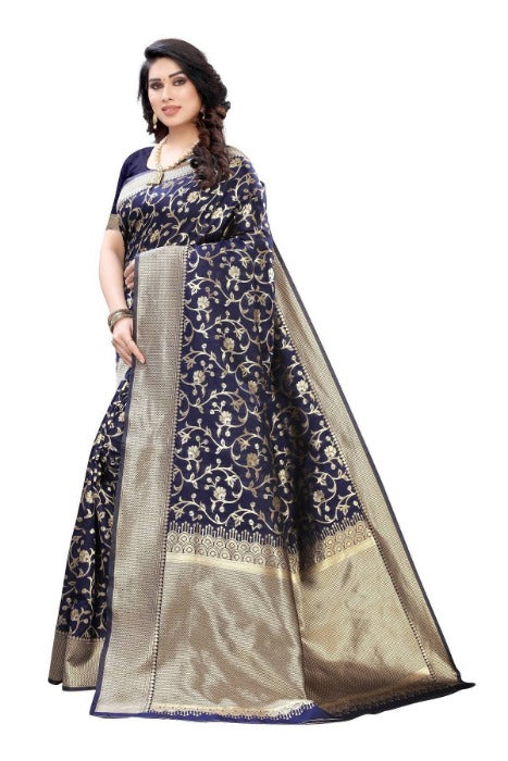 Vamika Banarasi Jacquard Weaving Navy Blue Saree (PARINITI NAVY) | Grab2Buy