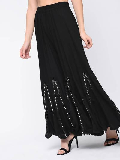 Mominos Fashion Black Viscose Rayon Flared Palazzo with Mirror Lace Work | Grab2Buy