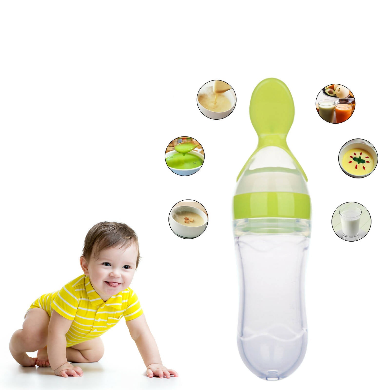 Safe-O-Kid Easy Set of 2 Squeezy Silicone Food Feeder Spoon (Soft Tip) Bottle- Green- 90mL | Grab2Buy