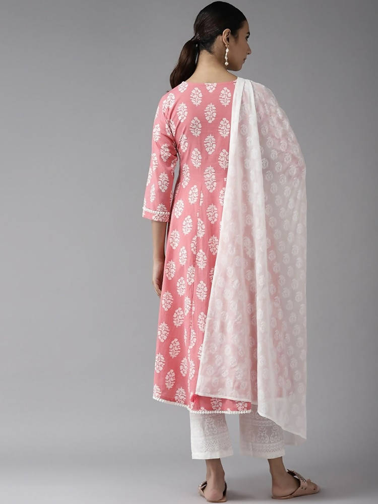 Yufta Pink and White Block Print A-line kurta with Palazzo & Dupatta Set | Grab2Buy