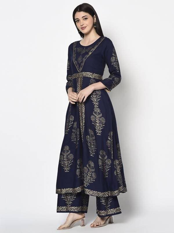 Aniyah Rayon Navy Blue Color Foil Print Anarkali Kurta (AN-192K) | Grab2Buy