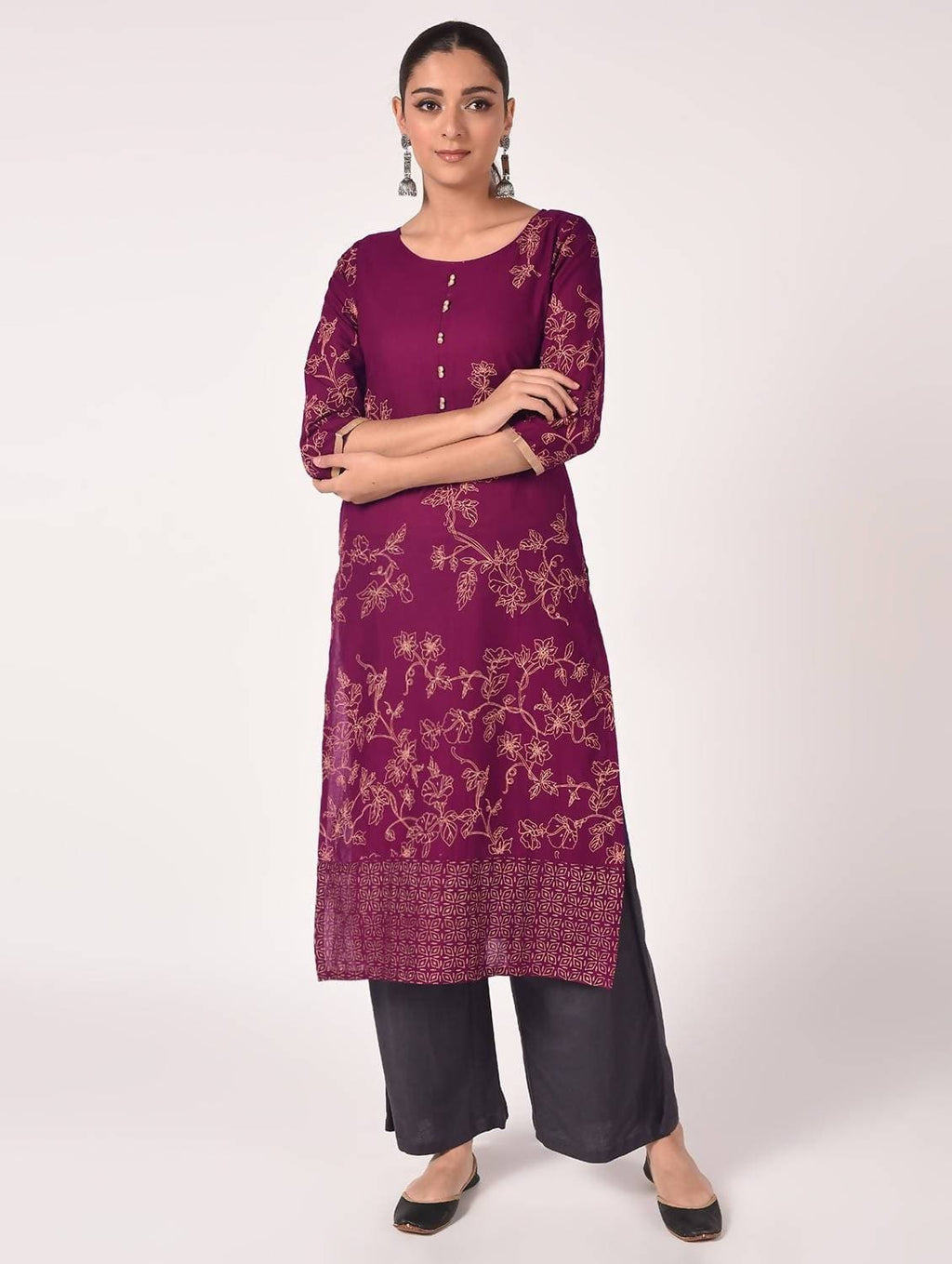 Cheera Hand Block Print Purple Color Straight Kurta | Grab2Buy