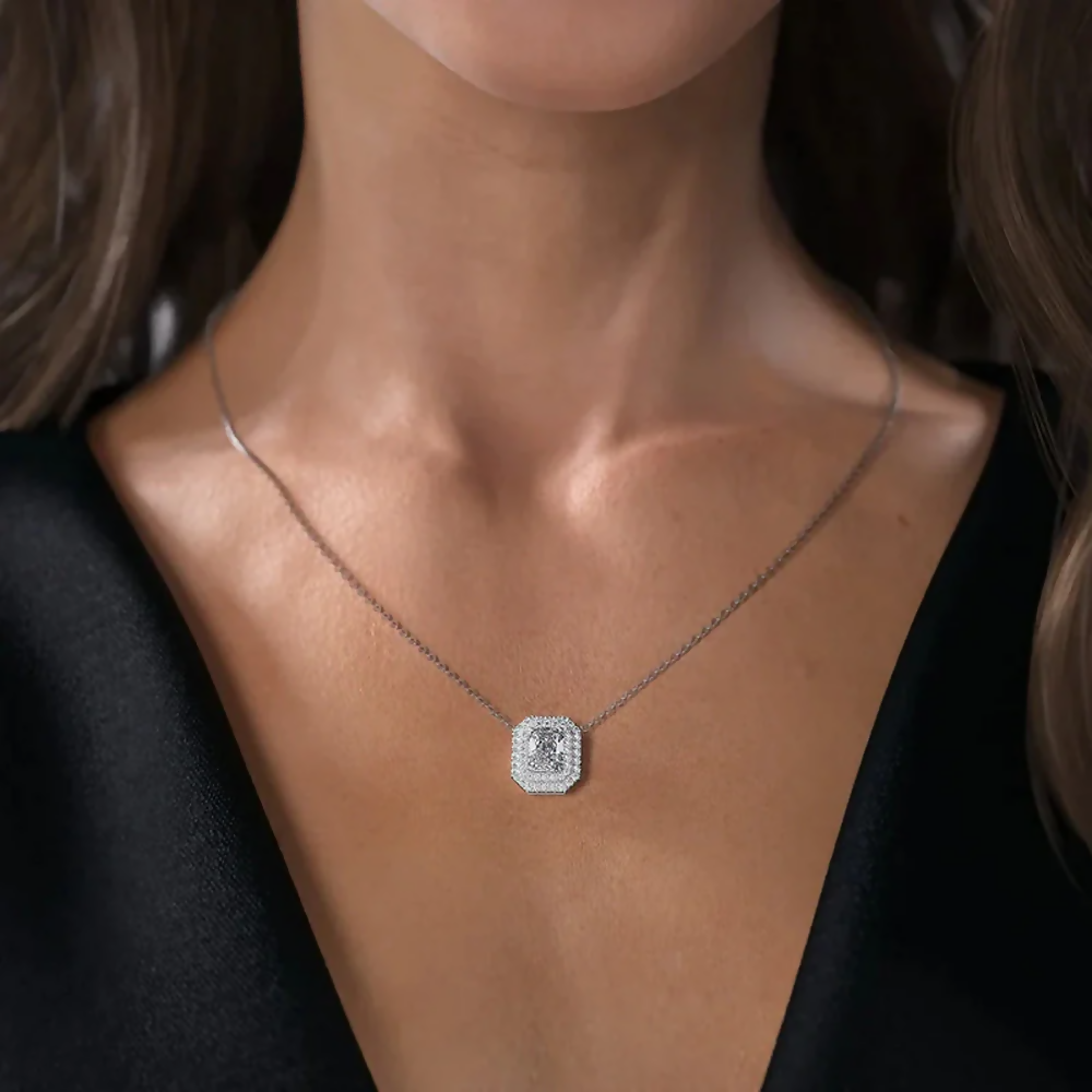 Cauer Elegant Radiant Moissanite Pendant Chain 14K Sterling Silver White Gold Plated