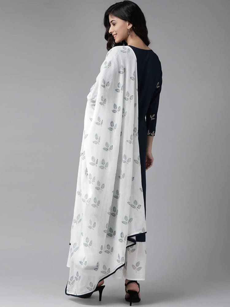 Yufta Women Navy Blue & White Embroidered Kurta with Palazzo & Dupatta | Grab2Buy