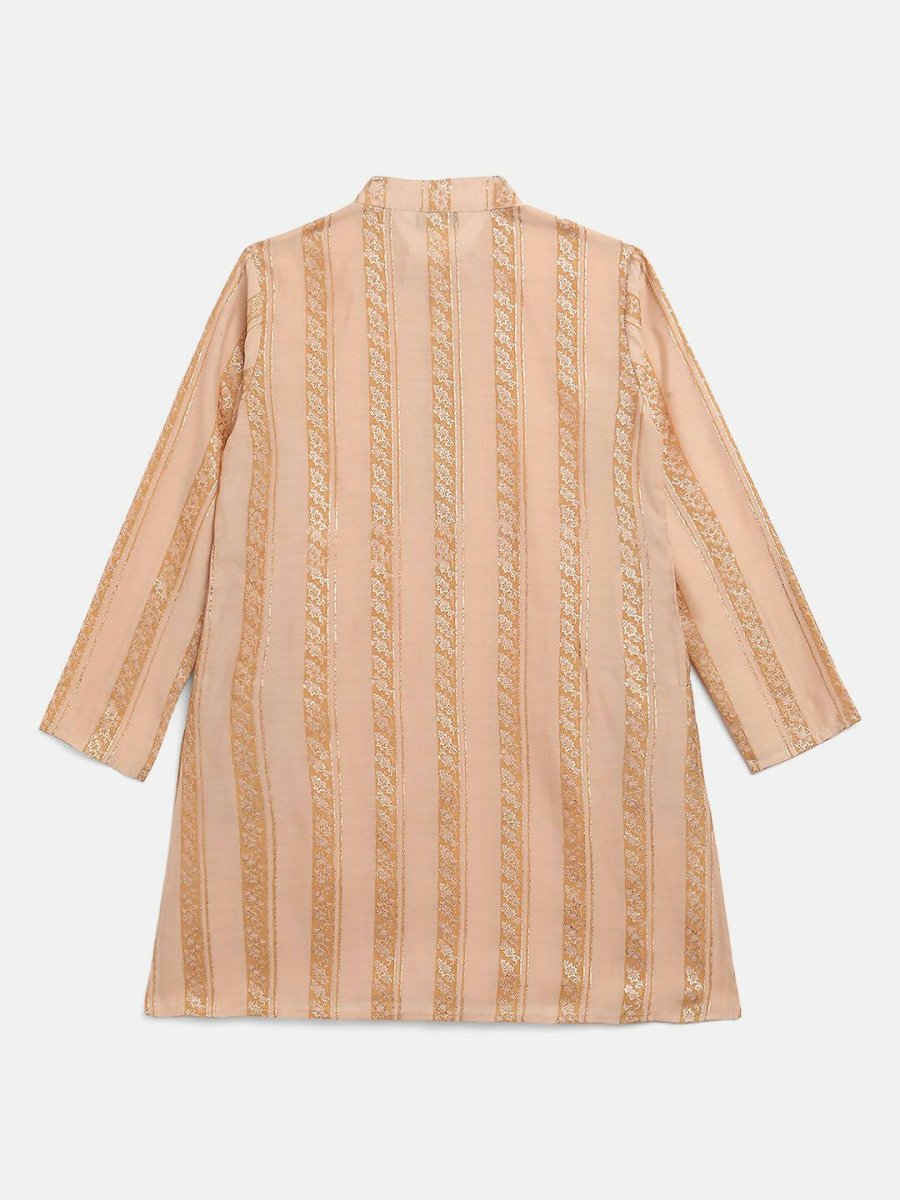 Ahalyaa Beige Chanderi Gold Foil Print Kids Kurta Churidar Set For Boys | Grab2Buy