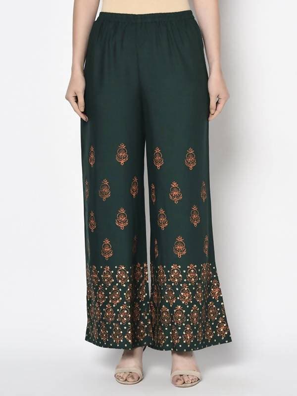 Aniyah Rayon Bottle Green Color Block Print Flared Slip-On Palazzo (AN-219K) | Grab2Buy