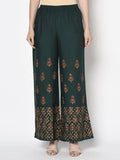 Aniyah Rayon Bottle Green Color Block Print Flared Slip-On Palazzo (AN-219K) | Grab2Buy