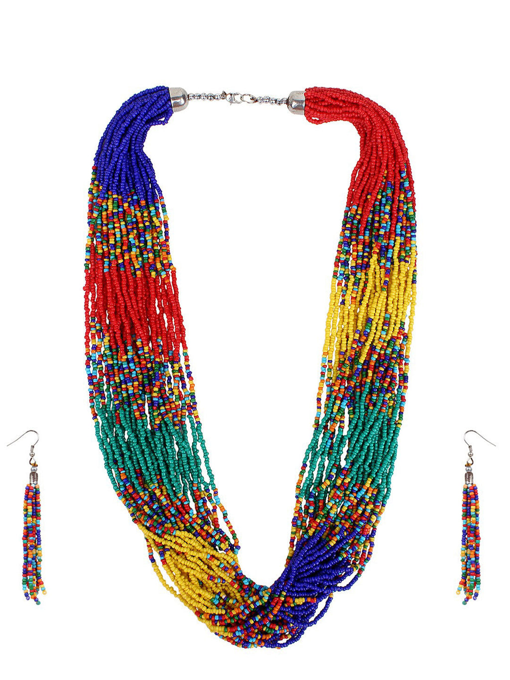 Cardinal Red & Green Beaded Multistring Necklace & Earrings Set | Grab2Buy