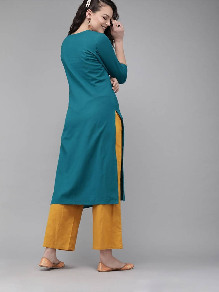 Yufta Women Teal Blue Embroidered straight Kurta | Grab2Buy