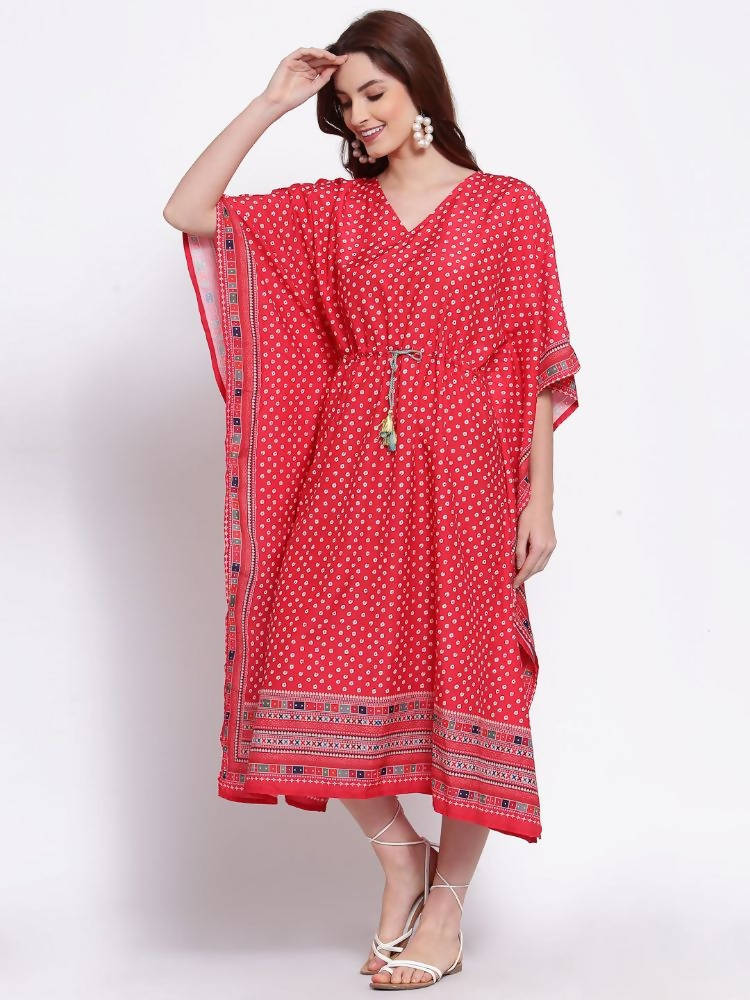 Myshka Women's Red Printed Cotton Blend 3/4 Sleeve V Neck Casual Dress | Grab2Buy