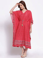 Myshka Women's Red Printed Cotton Blend 3/4 Sleeve V Neck Casual Dress | Grab2Buy