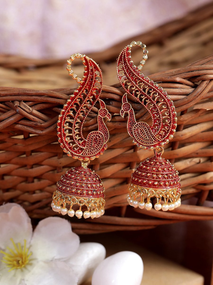 Anikas Creation Red & Gold-Polished Peacock Shaped Jhumkas | Grab2Buy