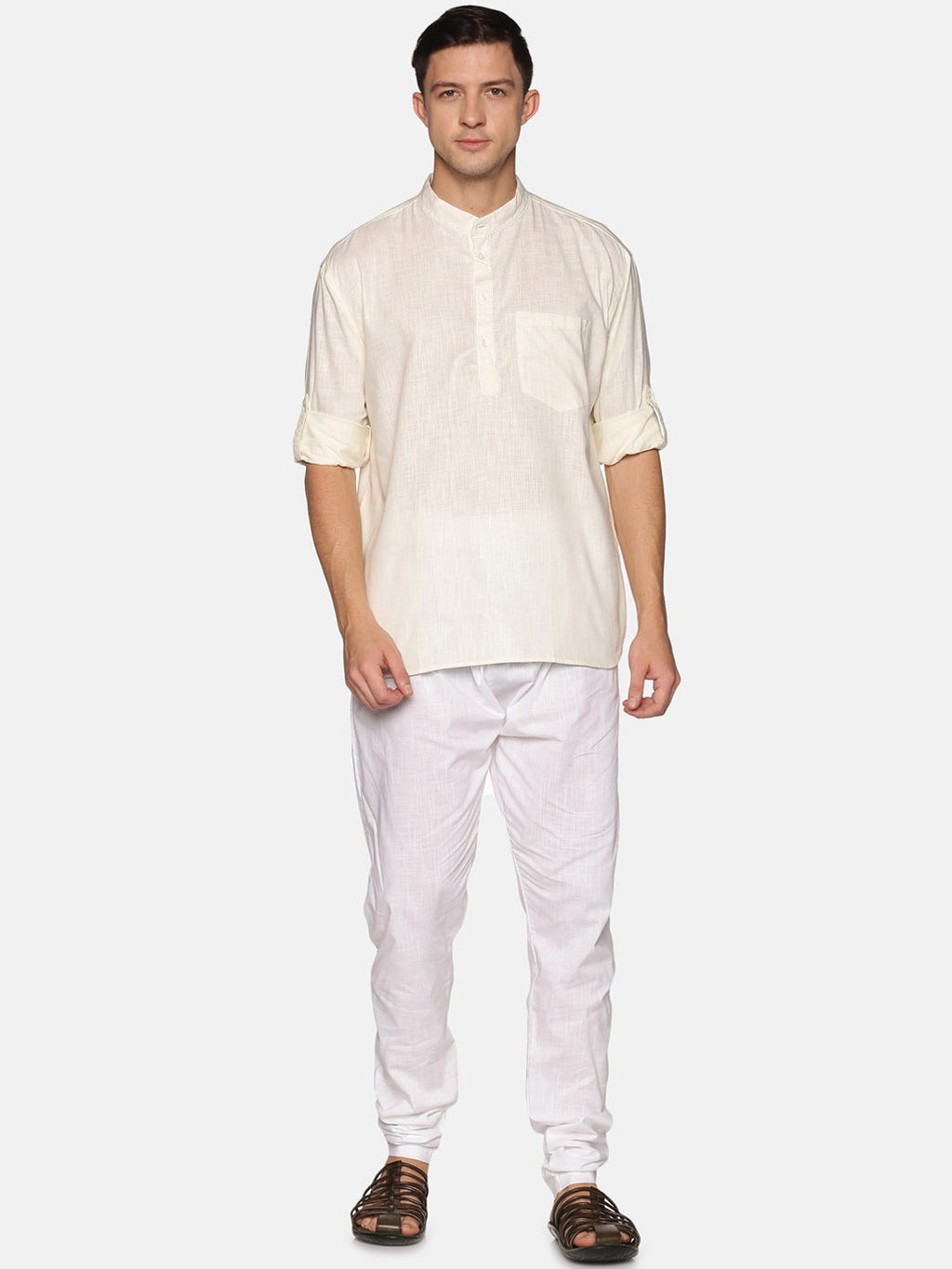 Sethukrishna Men Beige & White Pure Cotton Kurta with Pyjamas | Grab2Buy